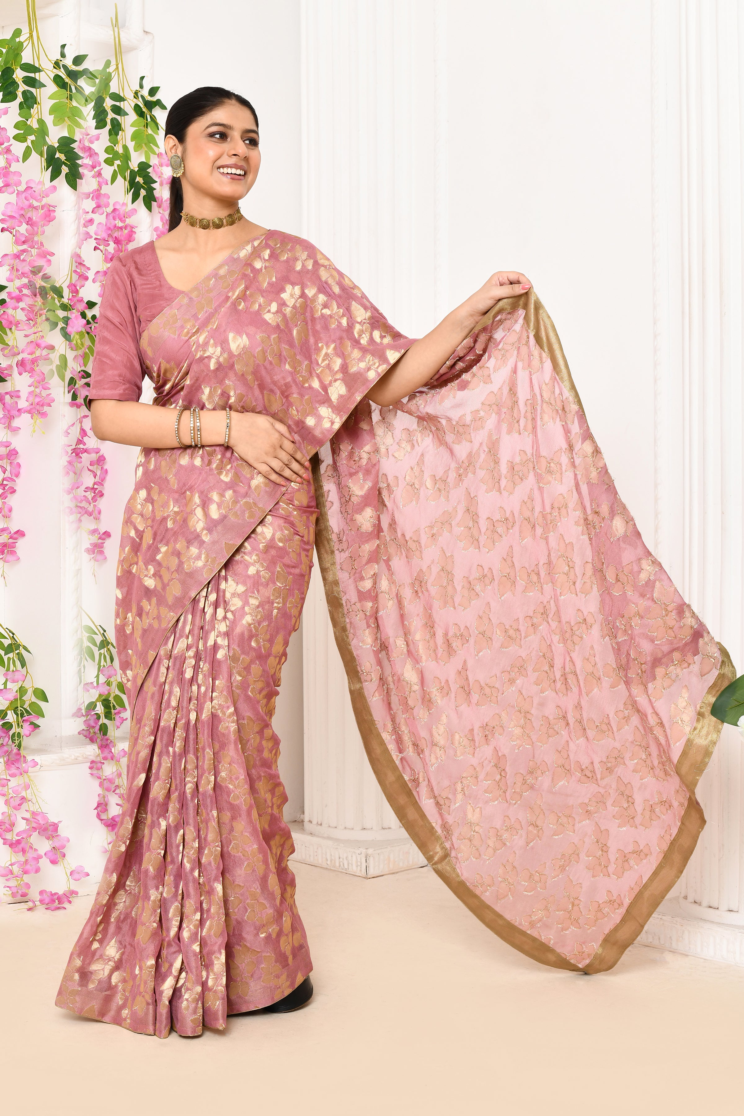 Jute Upada golden leaf pattern saree-Onion pink