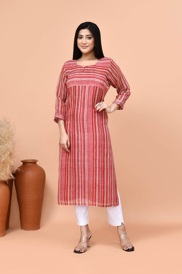 Pure linen stripes pattern long kurti-Pink