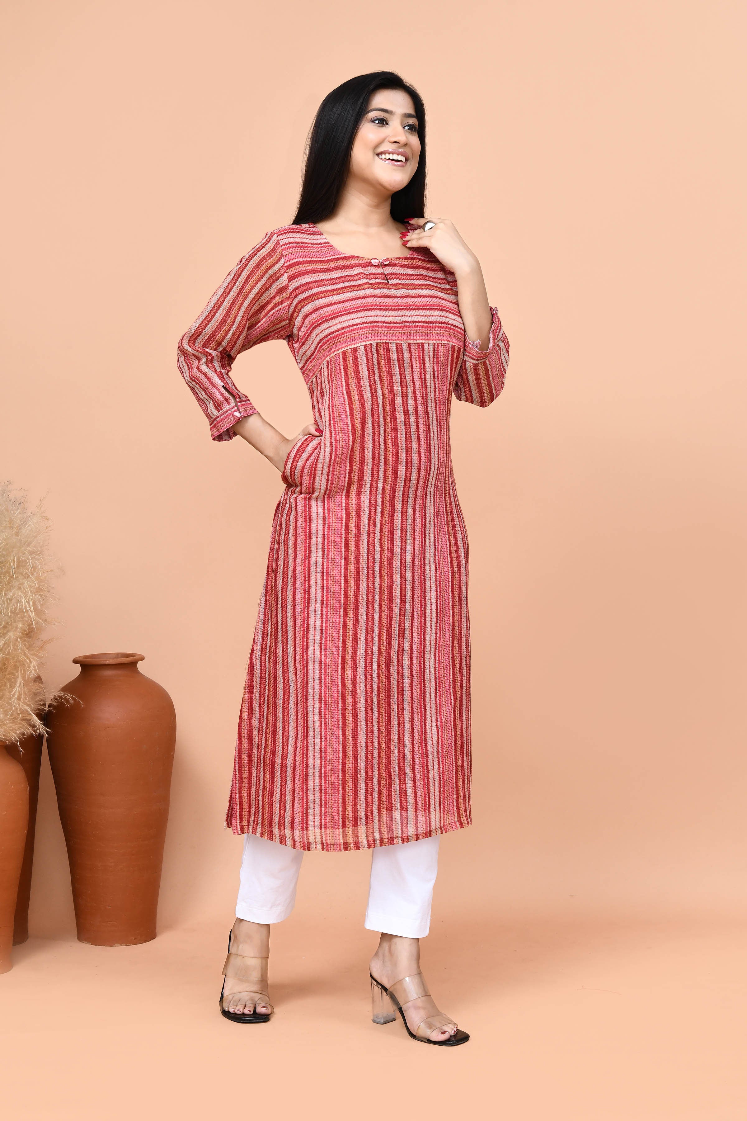 Pure linen stripes pattern long kurti-Pink