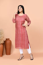 Pure linen stripes pattern long kurti-Pink