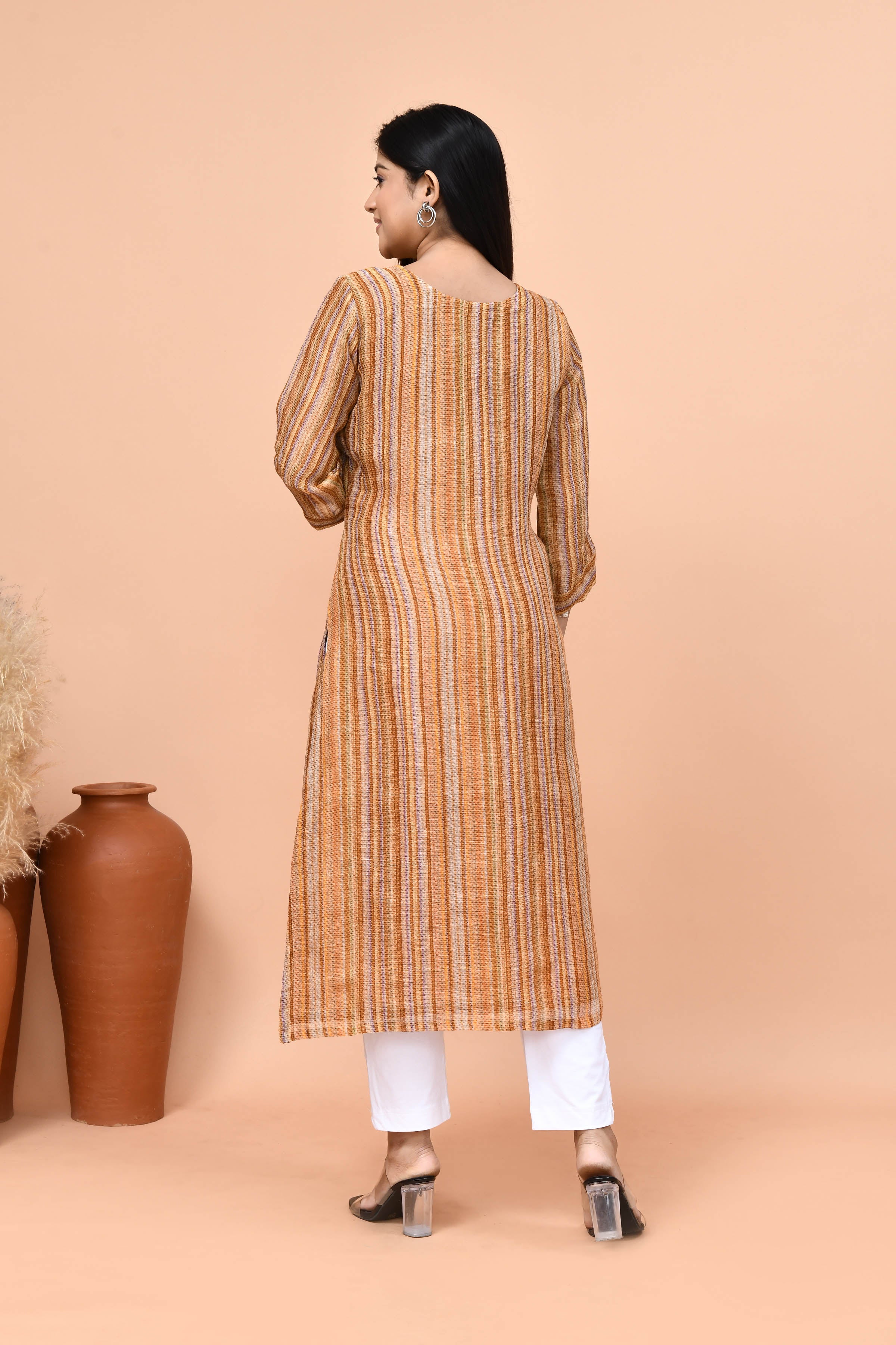 Pure linen stripes pattern long kurti-Mango yellow