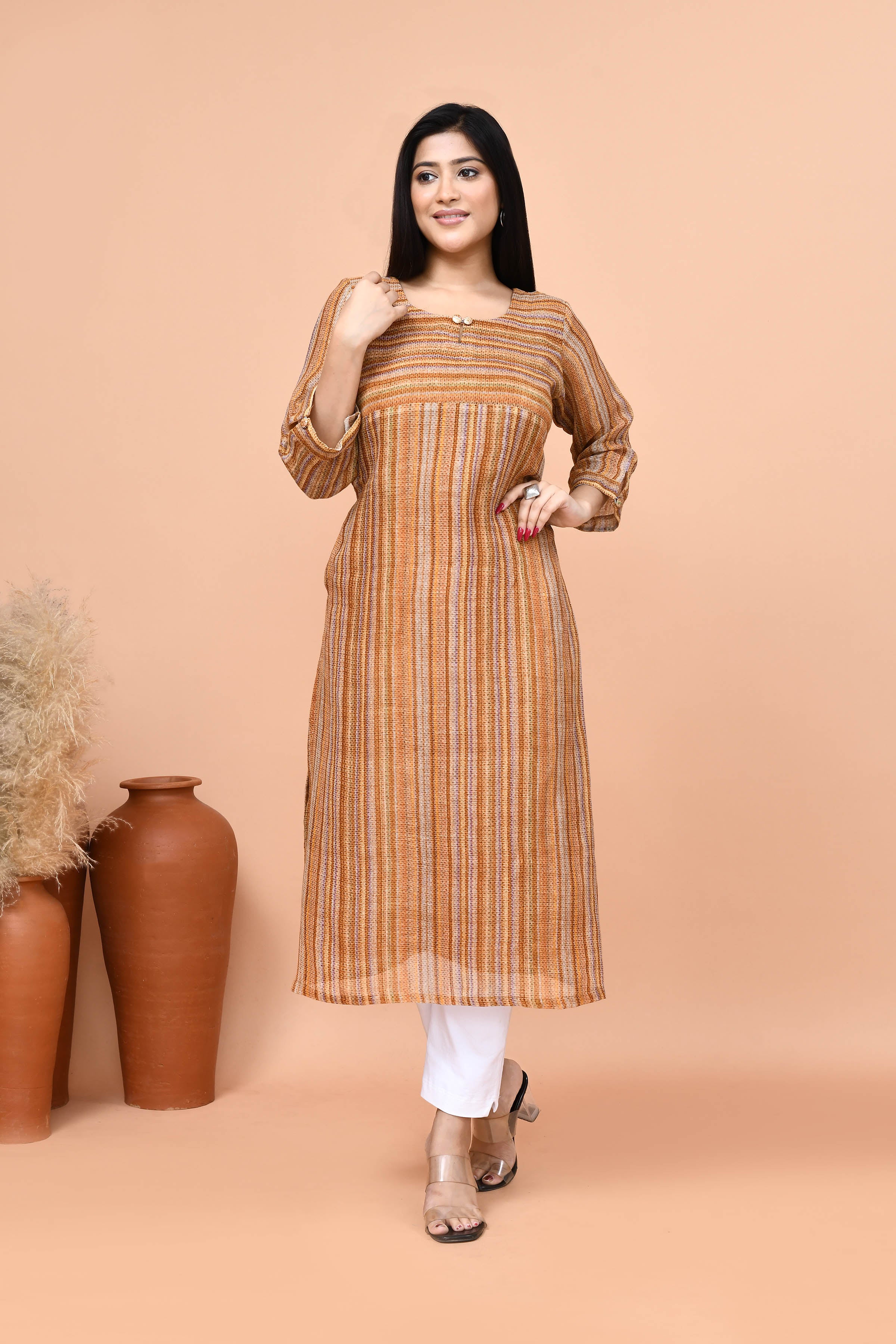 Pure linen stripes pattern long kurti-Mango yellow