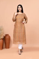 Pure linen stripes pattern long kurti-Mango yellow