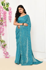 Chiffon shimmer saree with golden self print- Coppersulphate blue