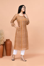 Pure linen stripes pattern long kurti-Mango yellow