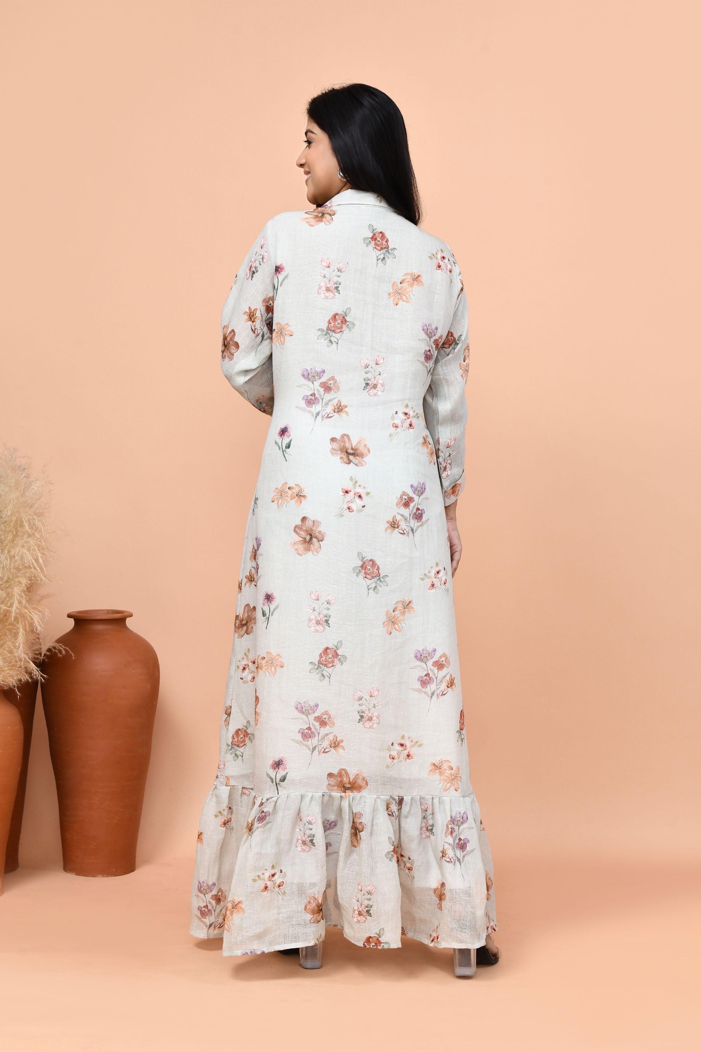 Pure linen floral one piece- Grey