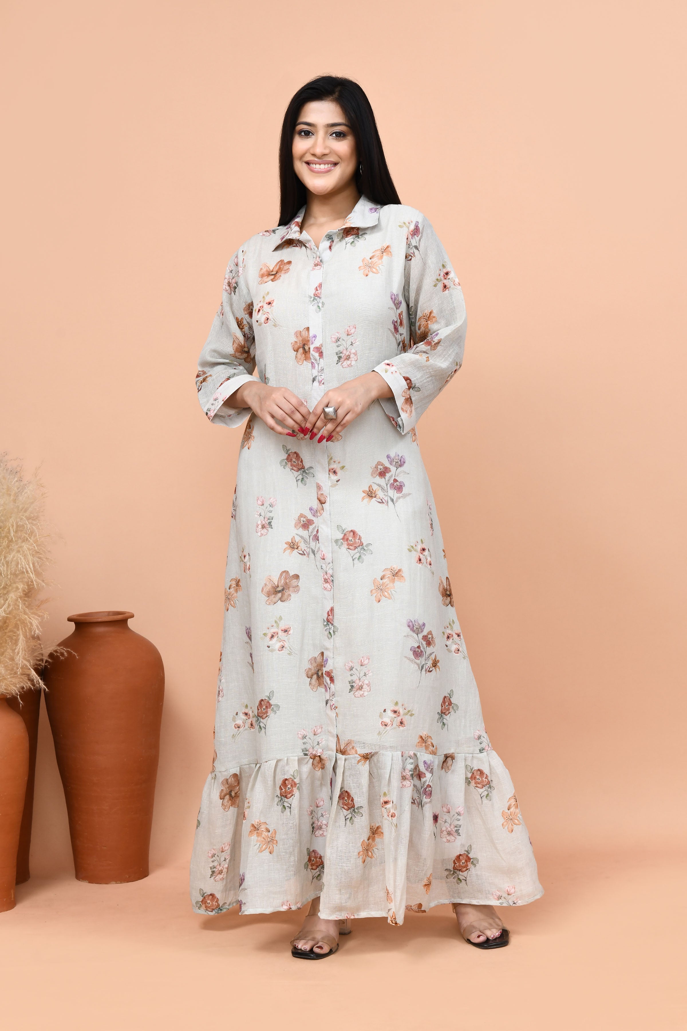 Pure linen floral one piece- Grey