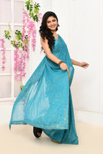 Chiffon shimmer saree with golden self print- Coppersulphate blue
