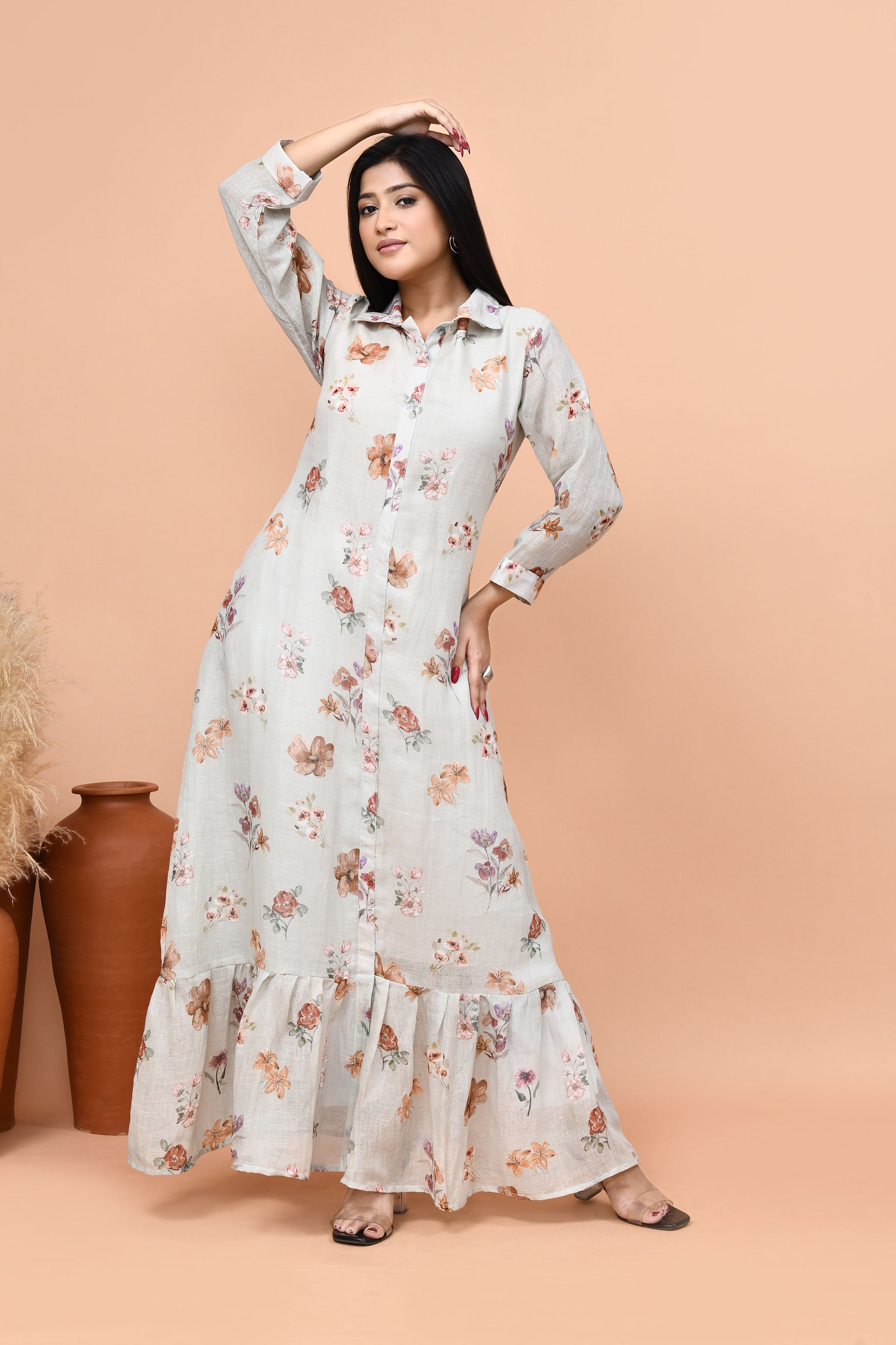 Pure linen floral one piece- Grey