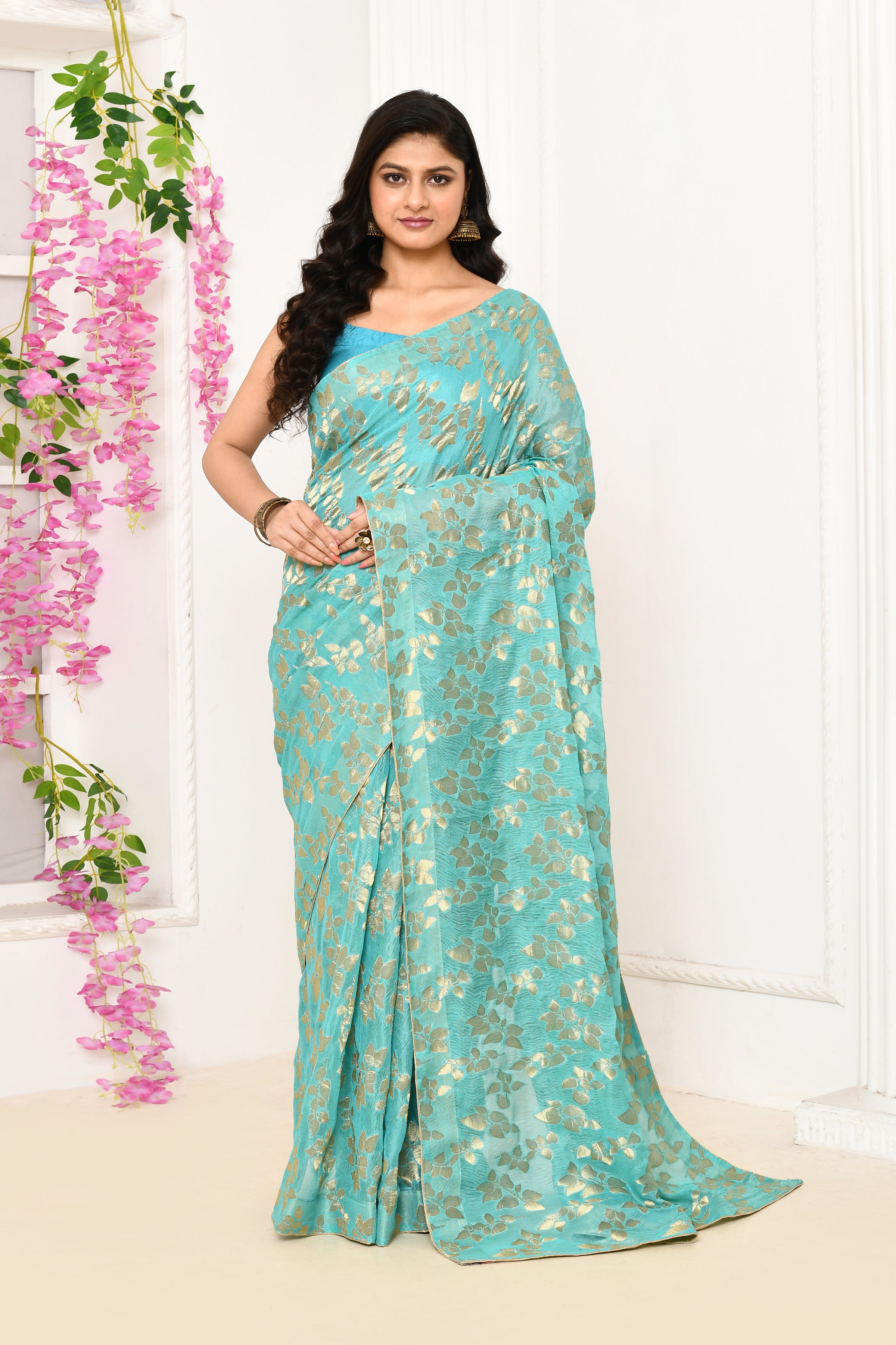 Jute Upada golden leaf pattern saree-Torquoise blue