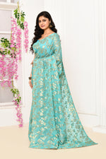 Jute Upada golden leaf pattern saree-Torquoise blue