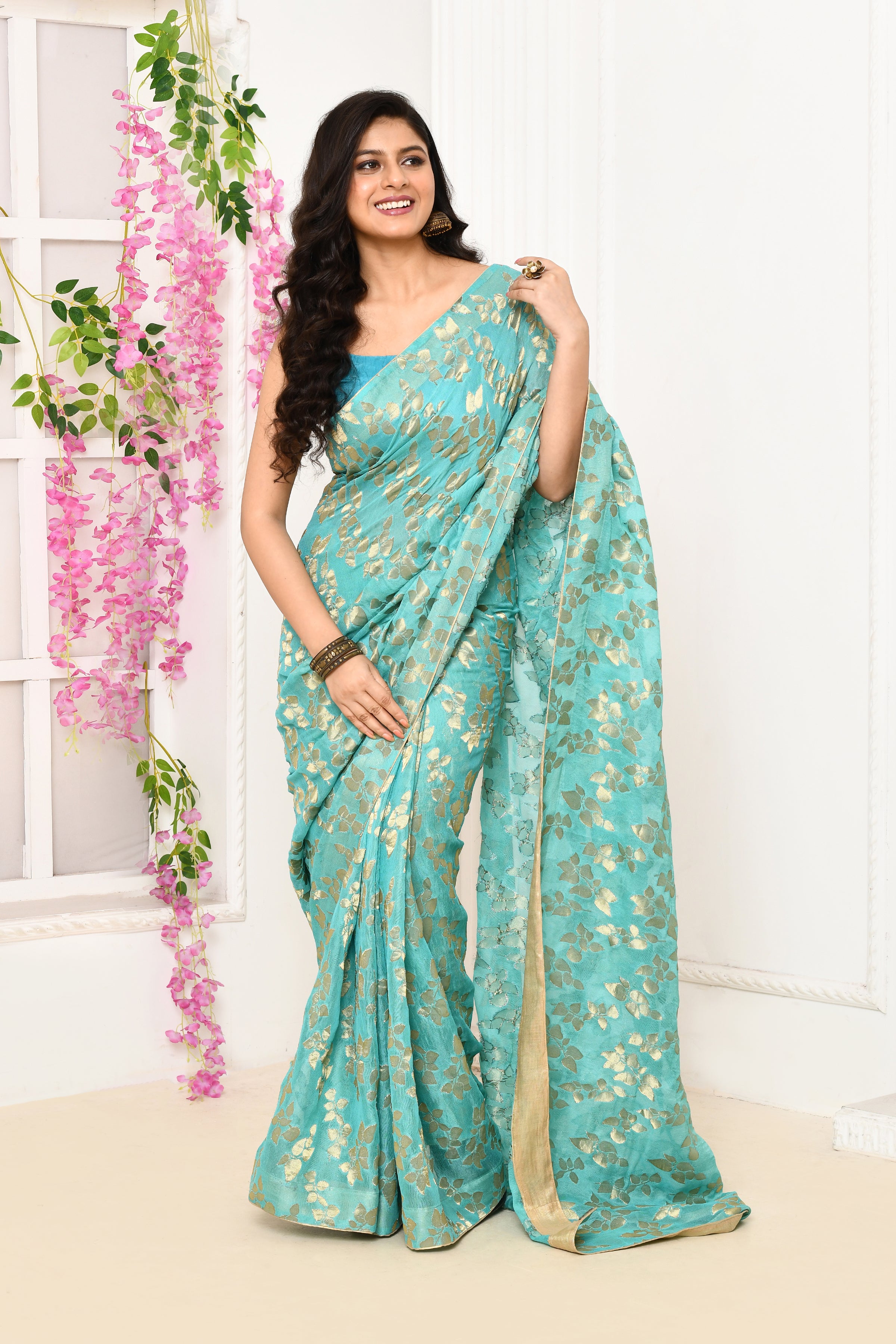 Jute Upada golden leaf pattern saree-Torquoise blue