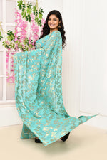 Jute Upada golden leaf pattern saree-Torquoise blue