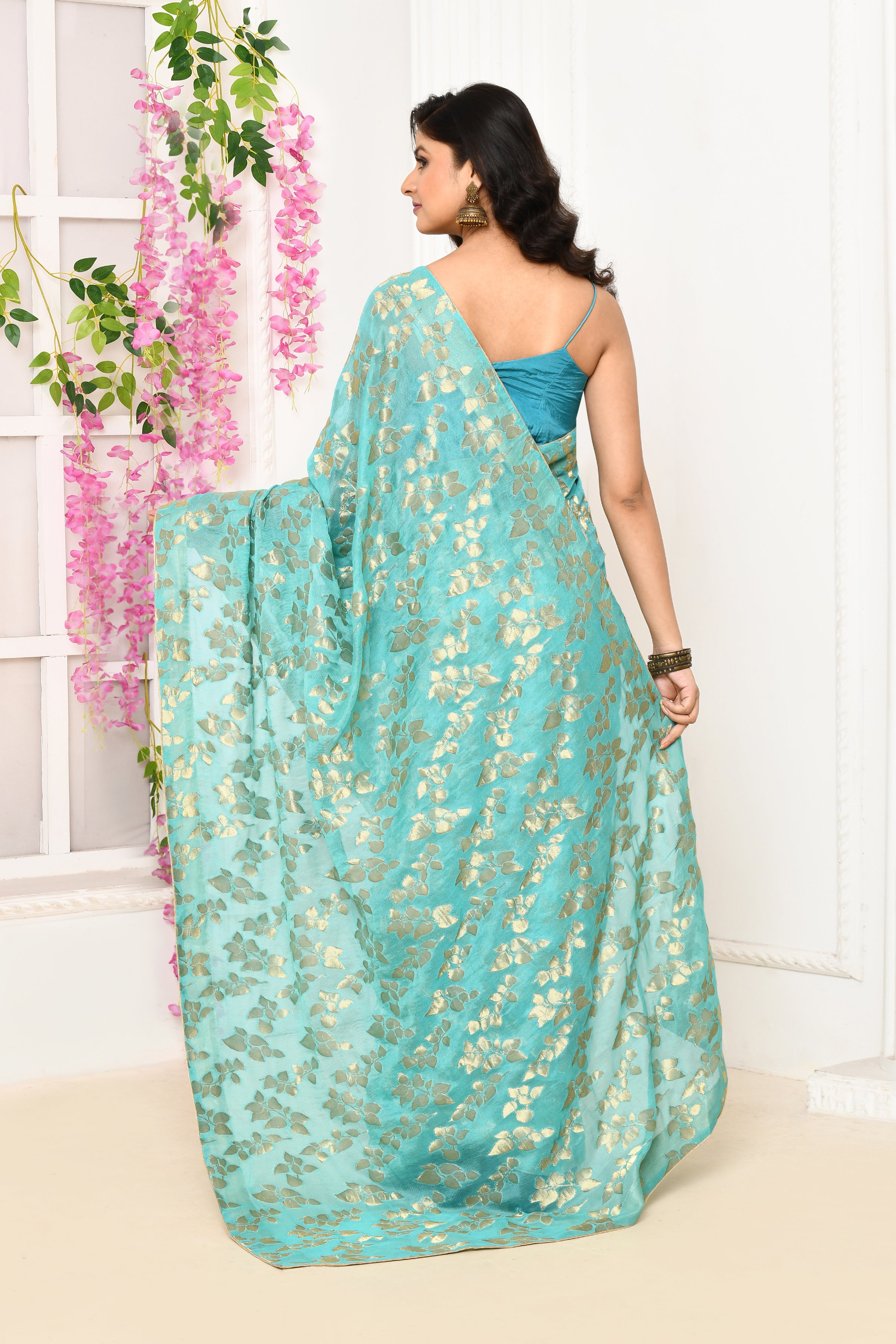 Jute Upada golden leaf pattern saree-Torquoise blue