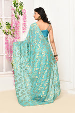 Jute Upada golden leaf pattern saree-Torquoise blue