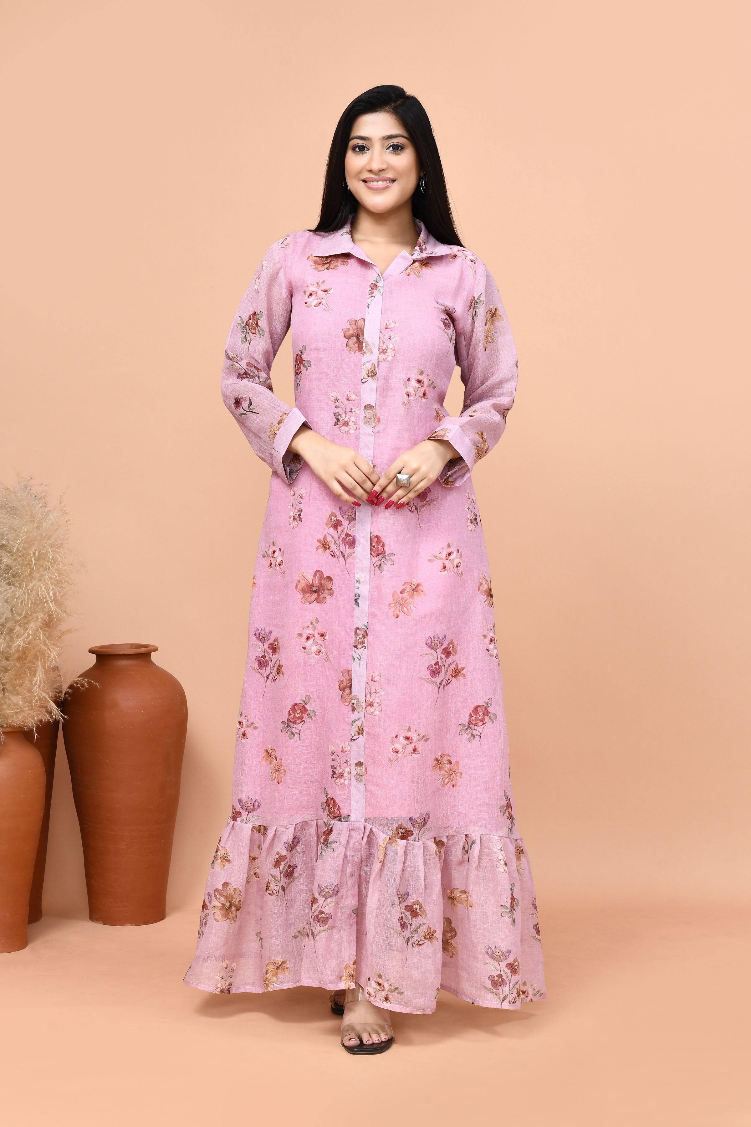 Pure linen floral one piece- Pink