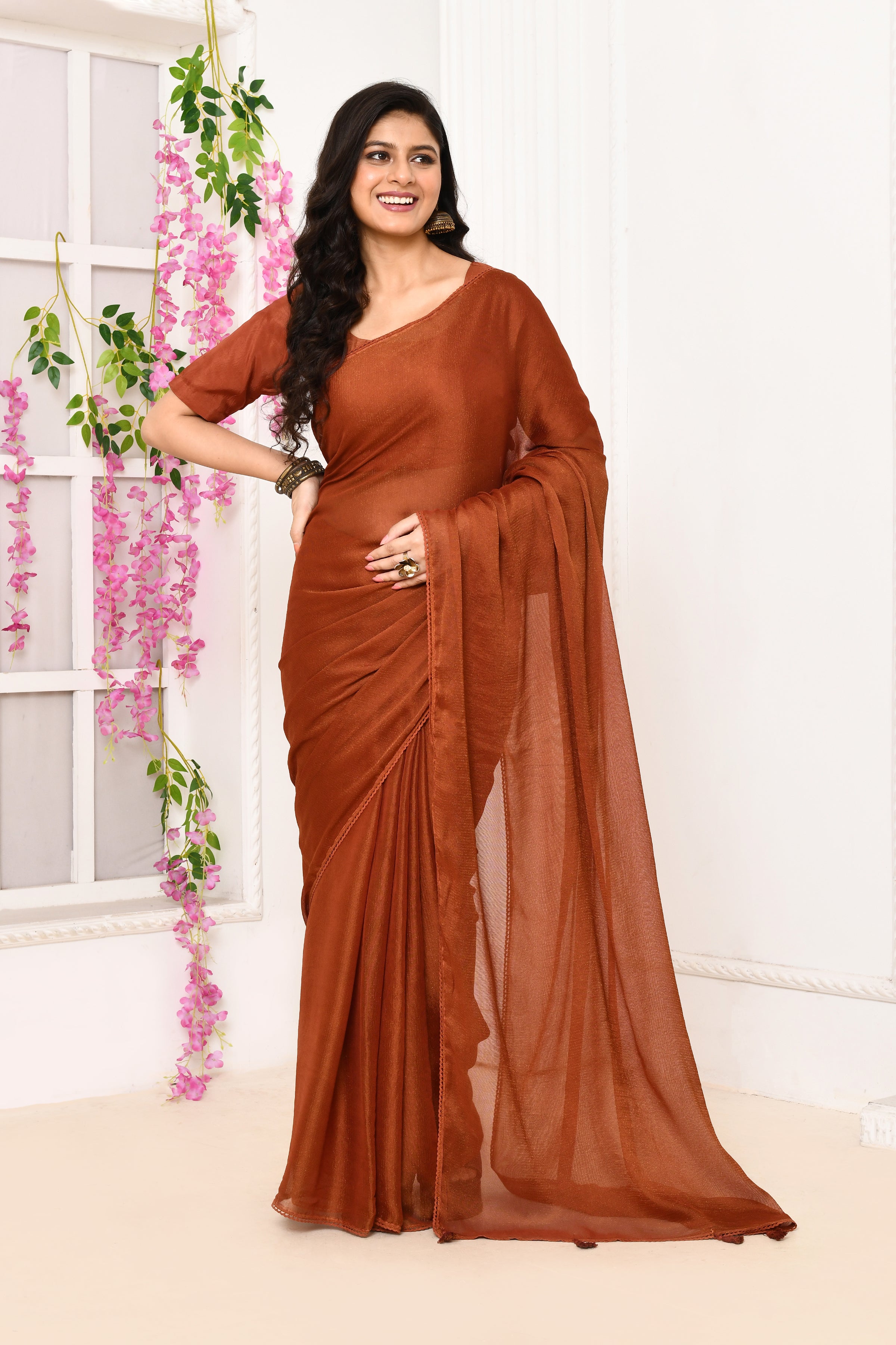 Plain chiffon tissue saree-Brick red