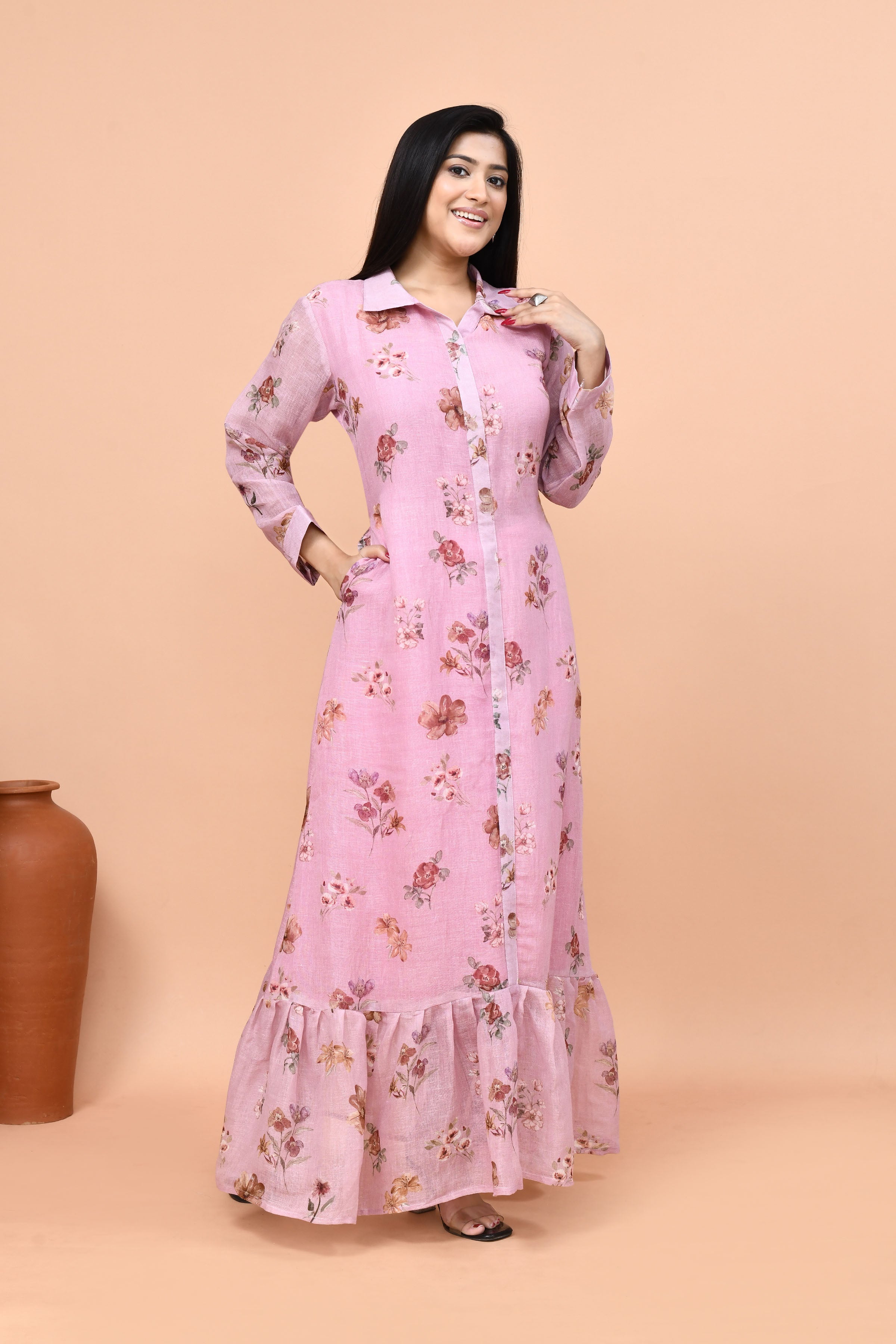 Pure linen floral one piece- Pink