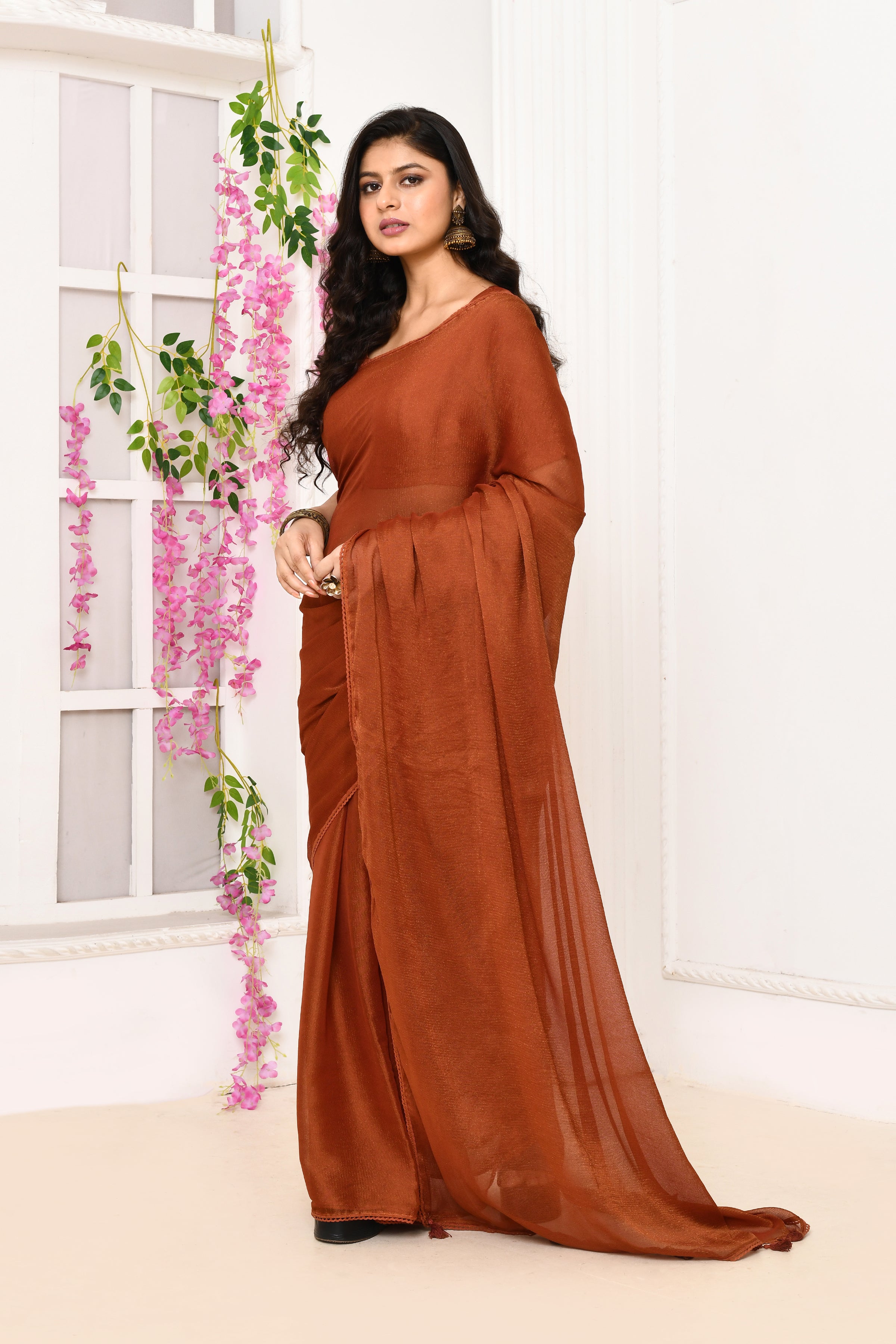 Plain chiffon tissue saree-Brick red