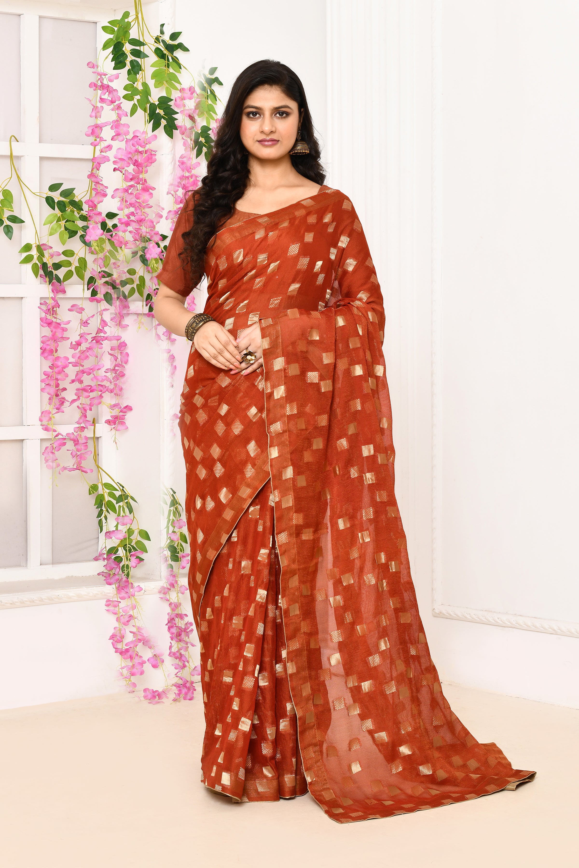 Jute Upada golden checker pattern saree-Brick red