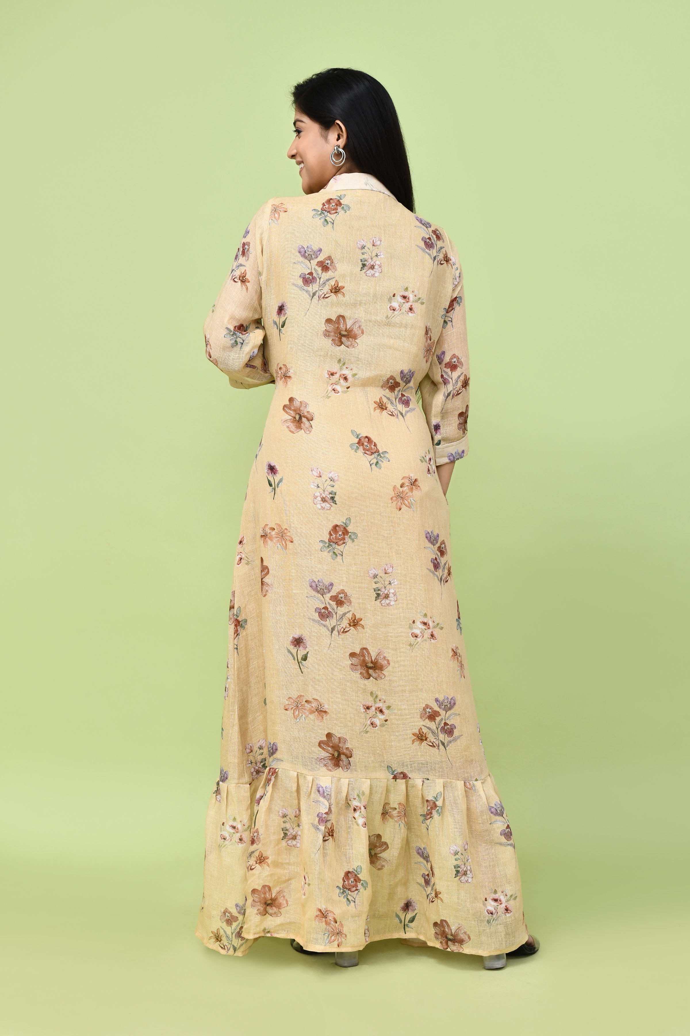 Pure linen floral one piece- Beige