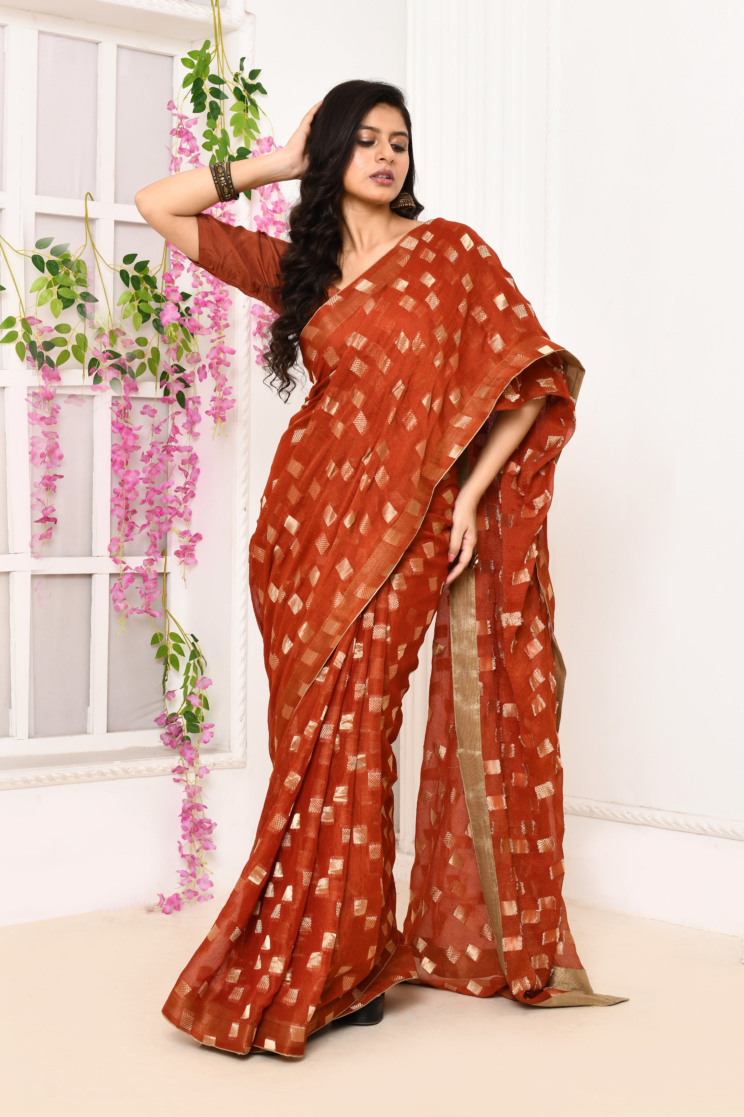 Jute Upada golden checker pattern saree-Brick red
