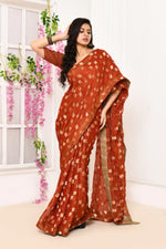Jute Upada golden checker pattern saree-Brick red
