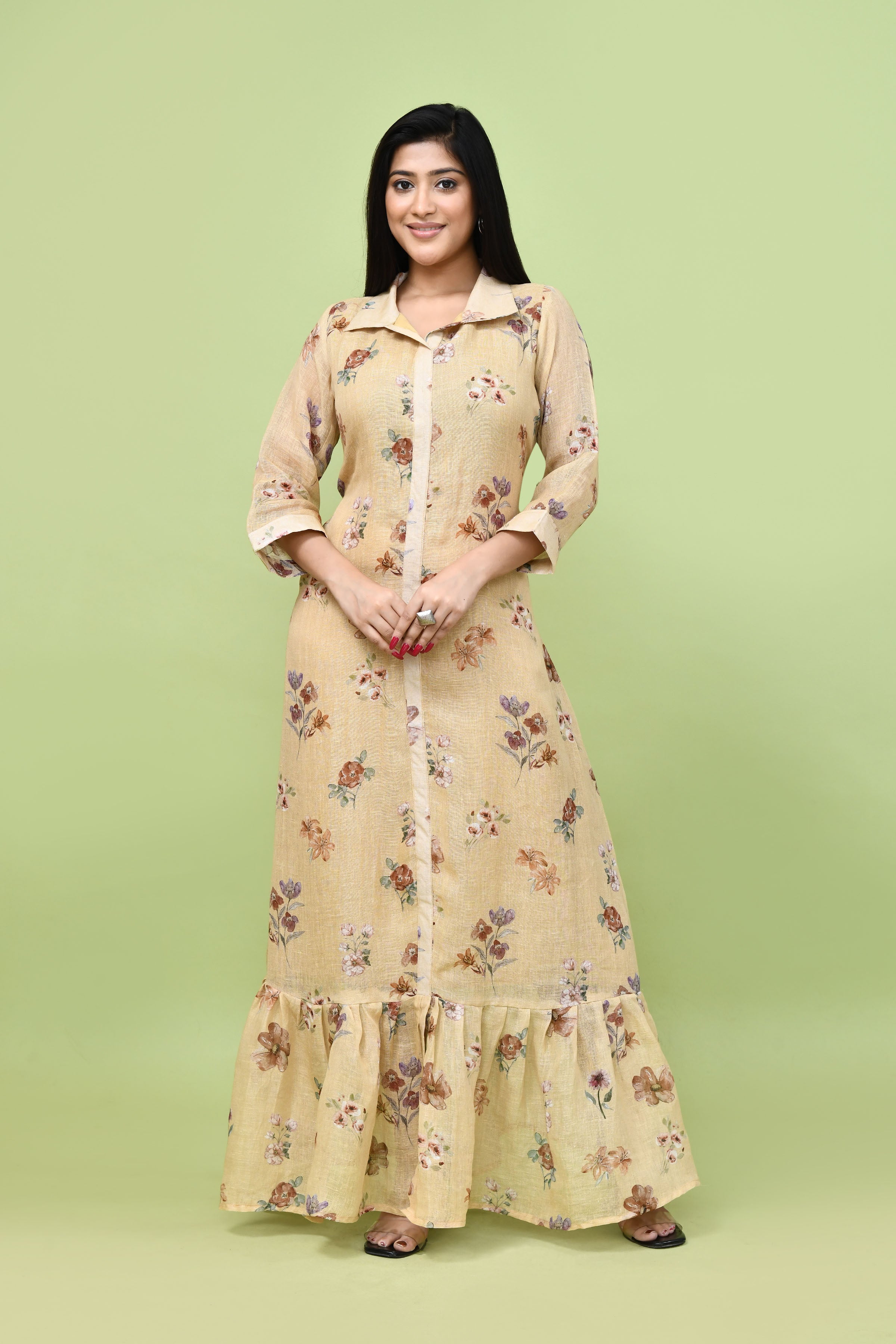 Pure linen floral one piece- Beige