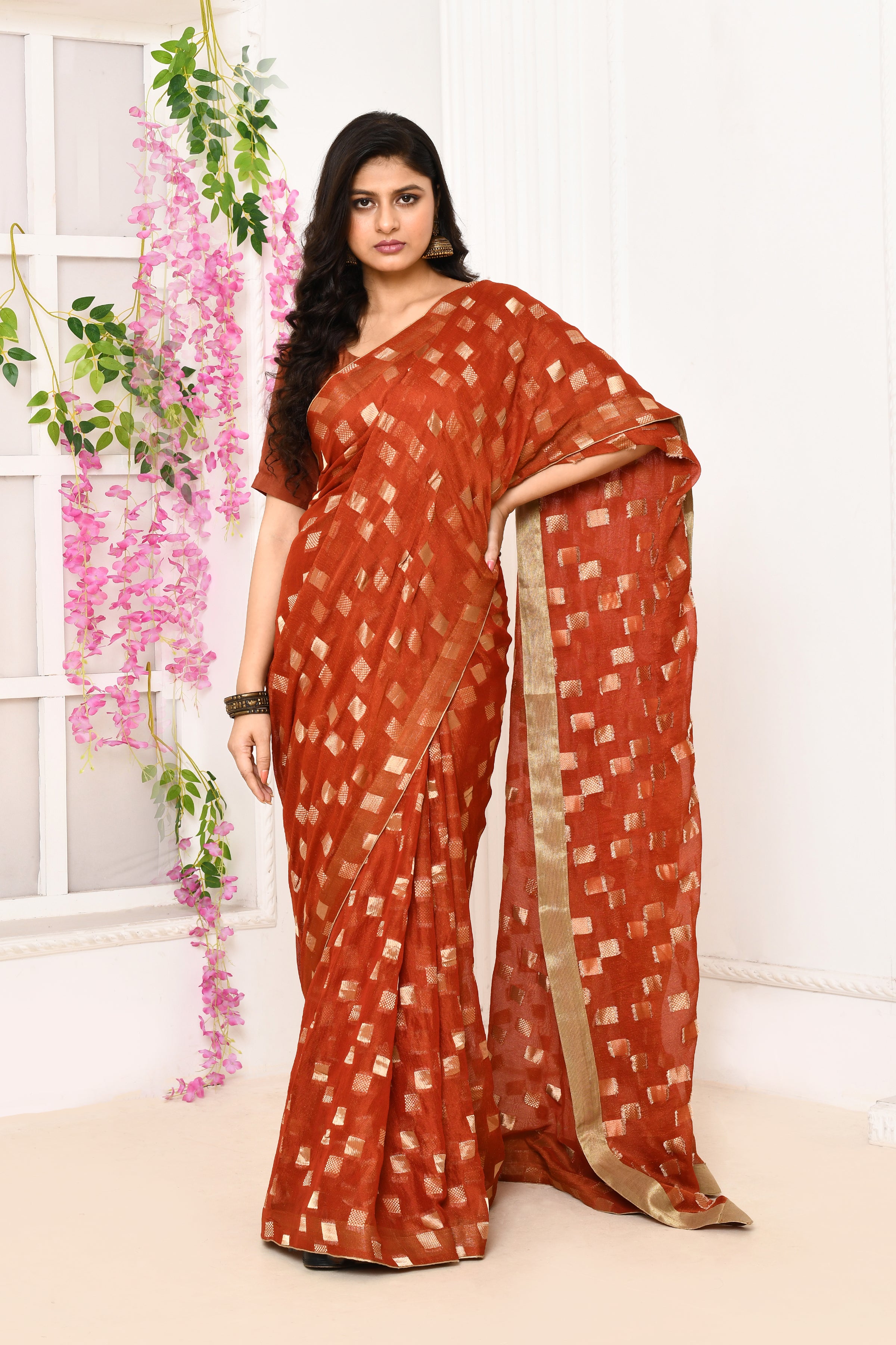 Jute Upada golden checker pattern saree-Brick red