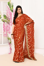 Jute Upada golden checker pattern saree-Brick red