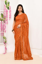 Chiffon shimmer saree with golden self print-Orange