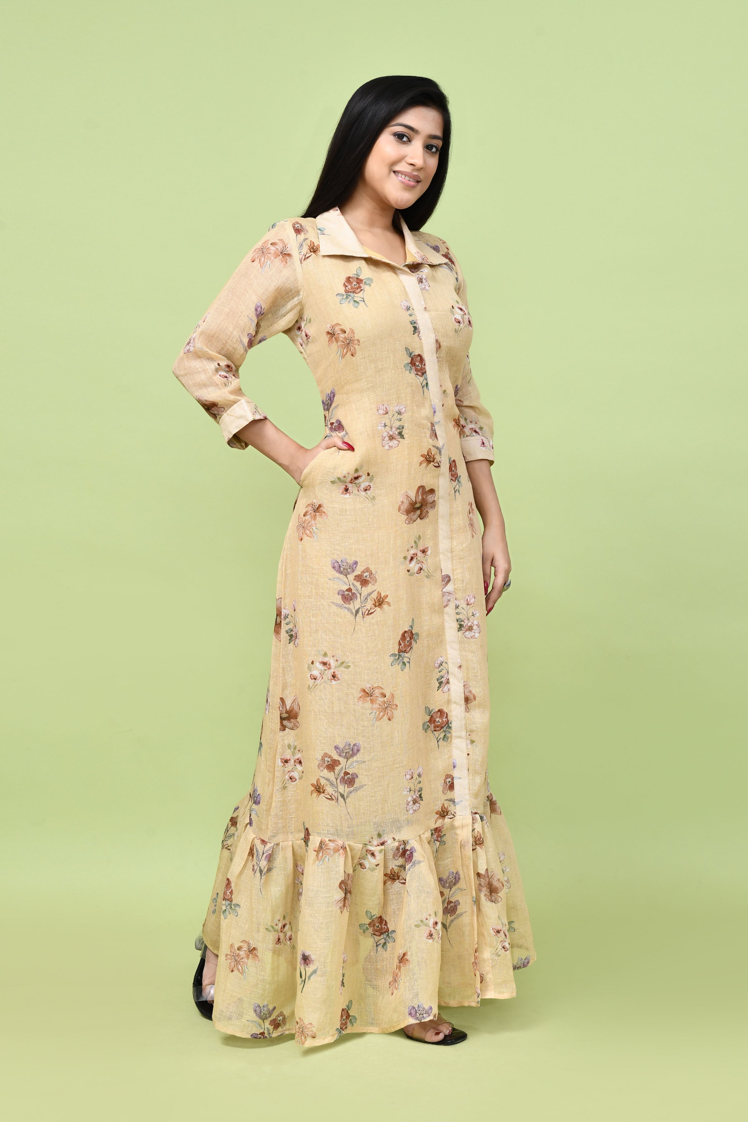 Pure linen floral one piece- Beige