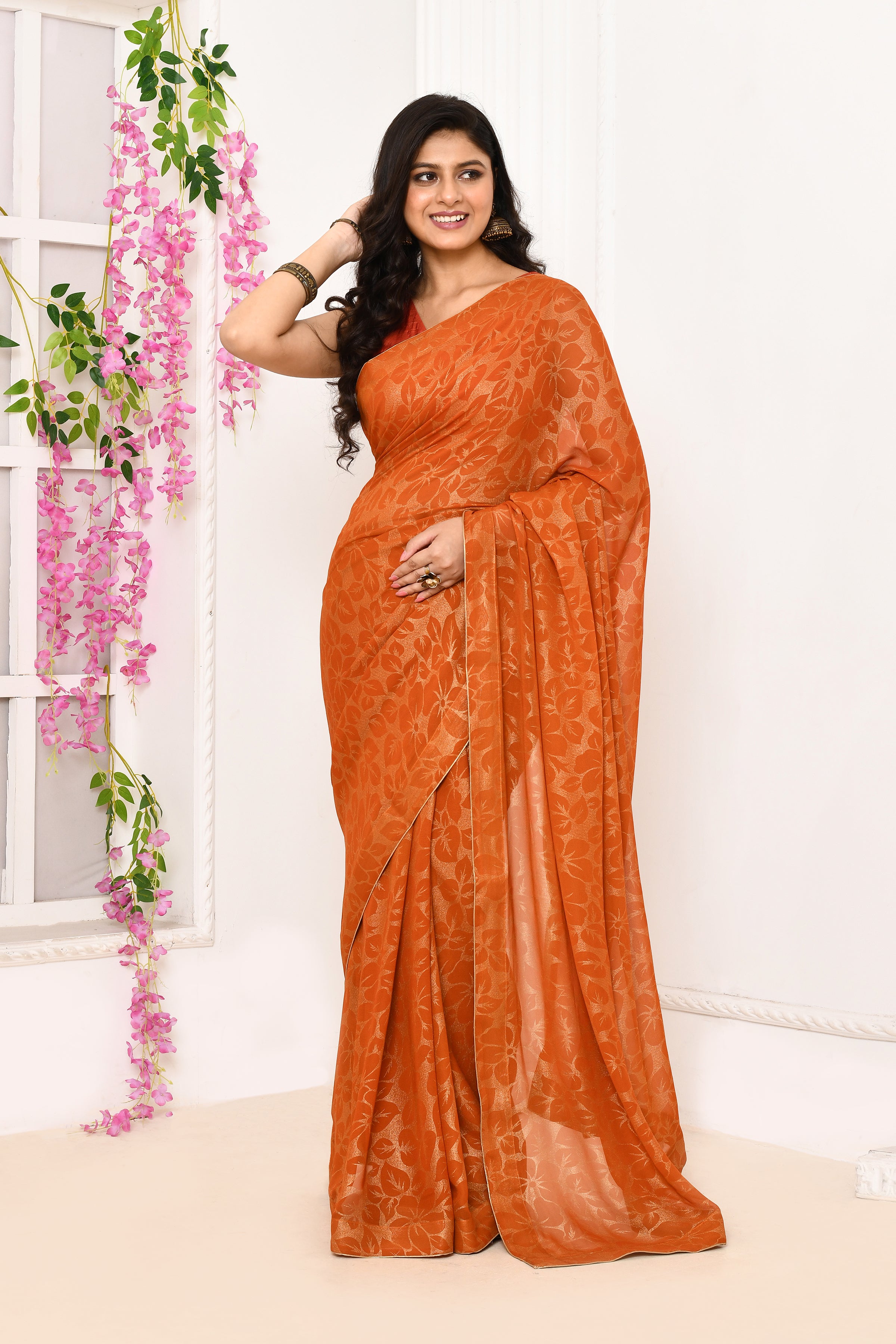 Chiffon shimmer saree with golden self print-Orange