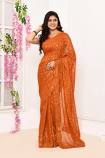 Chiffon shimmer saree with golden self print-Orange