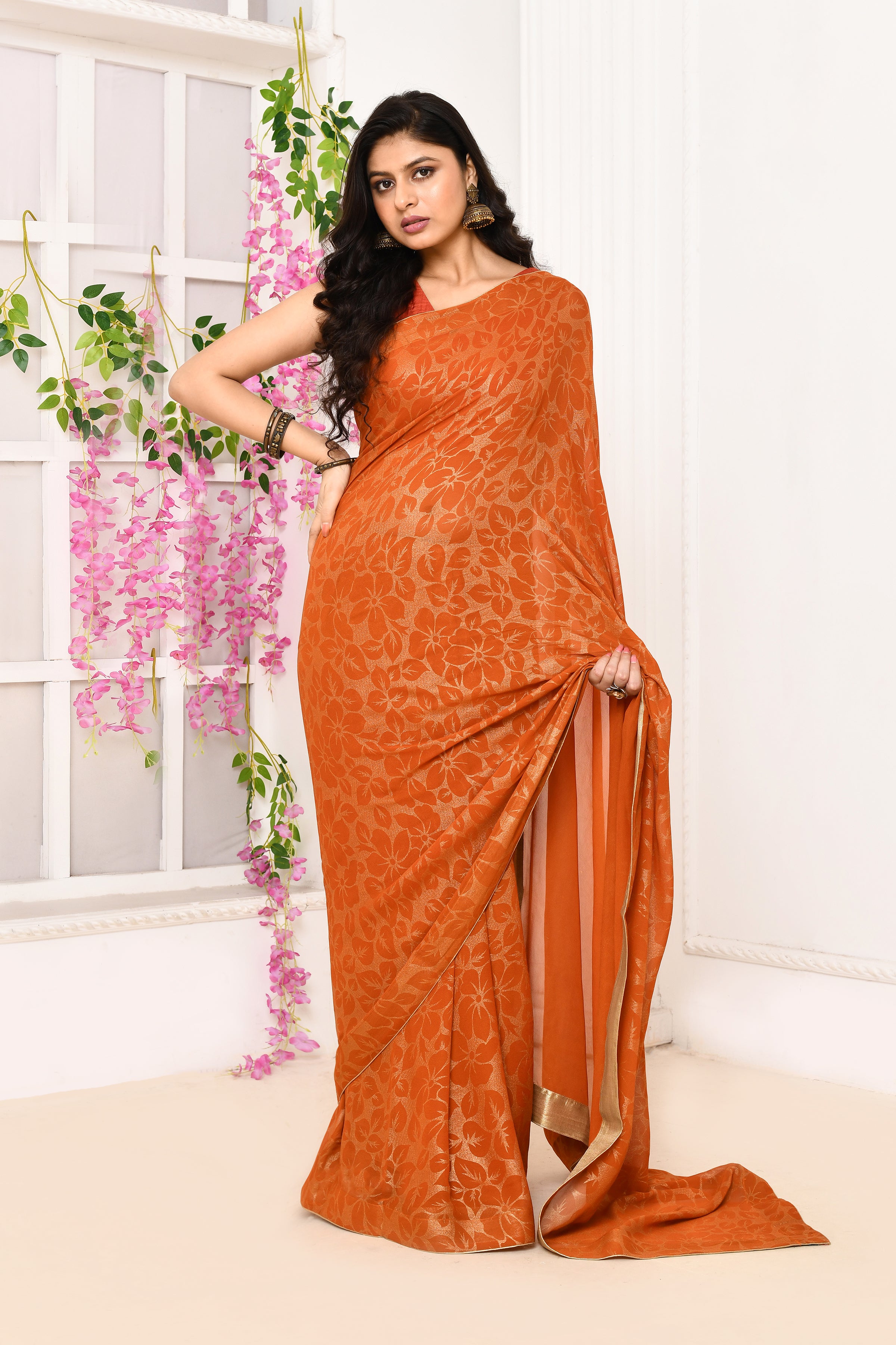 Chiffon shimmer saree with golden self print-Orange