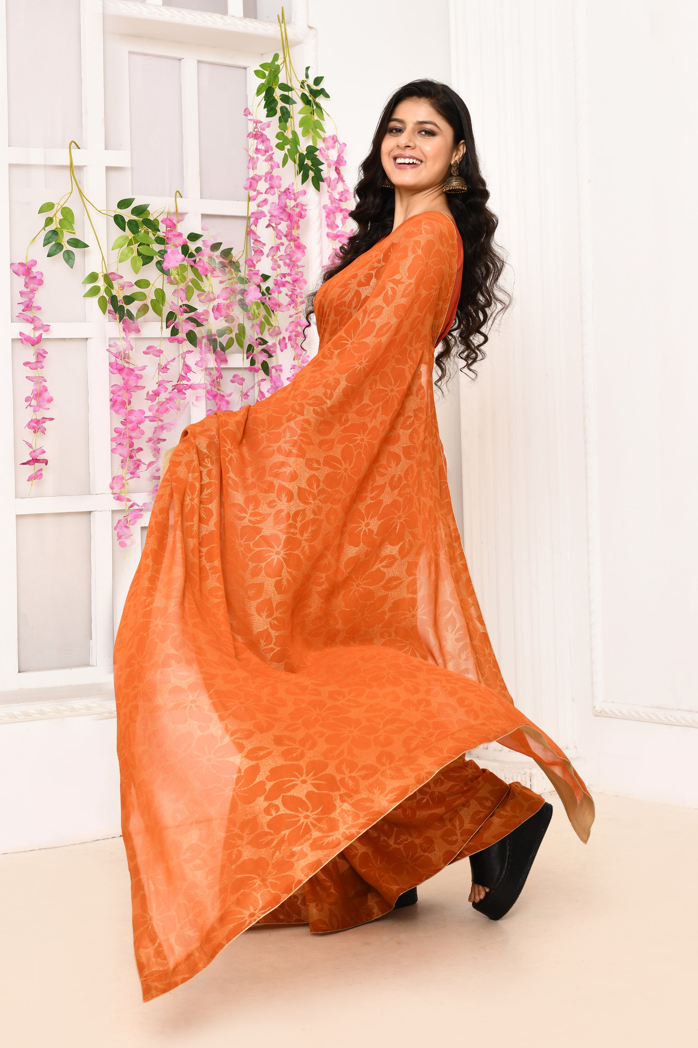 Chiffon shimmer saree with golden self print-Orange