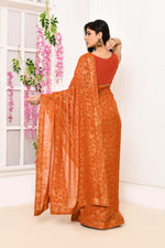 Chiffon shimmer saree with golden self print-Orange
