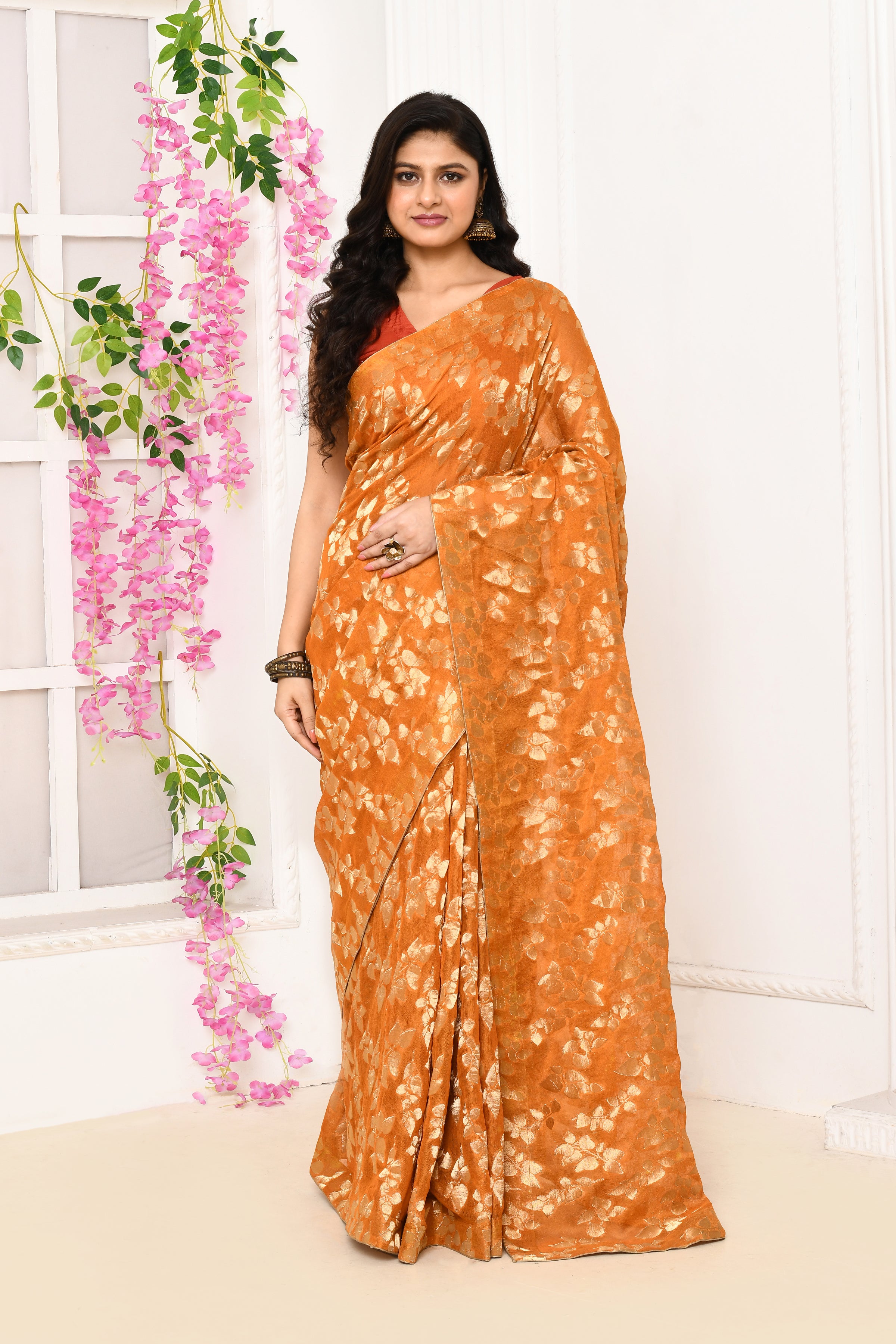 Jute Upada golden leaf pattern saree-Mustard yellow