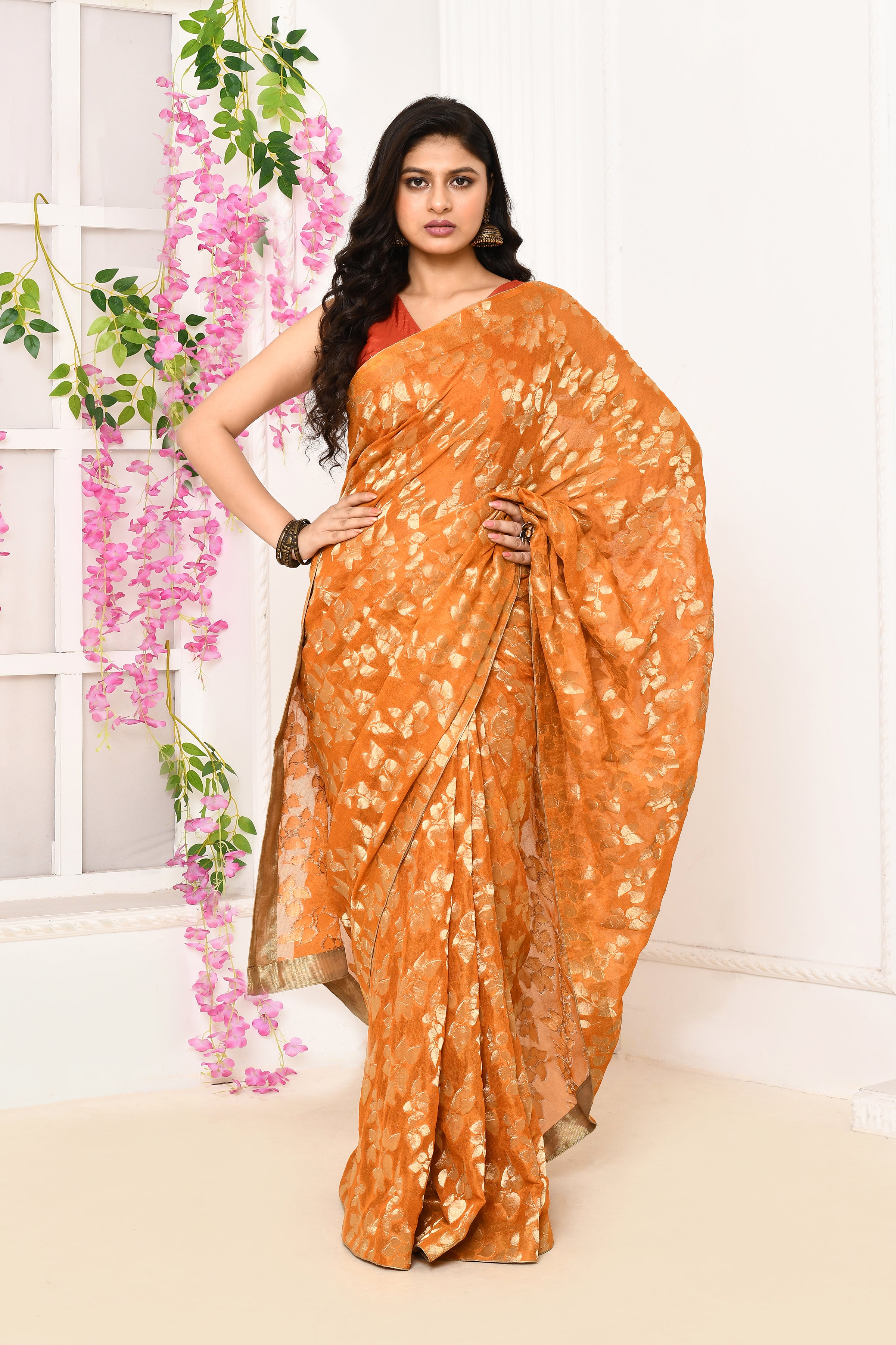 Jute Upada golden leaf pattern saree-Mustard yellow