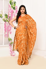 Jute Upada golden leaf pattern saree-Mustard yellow