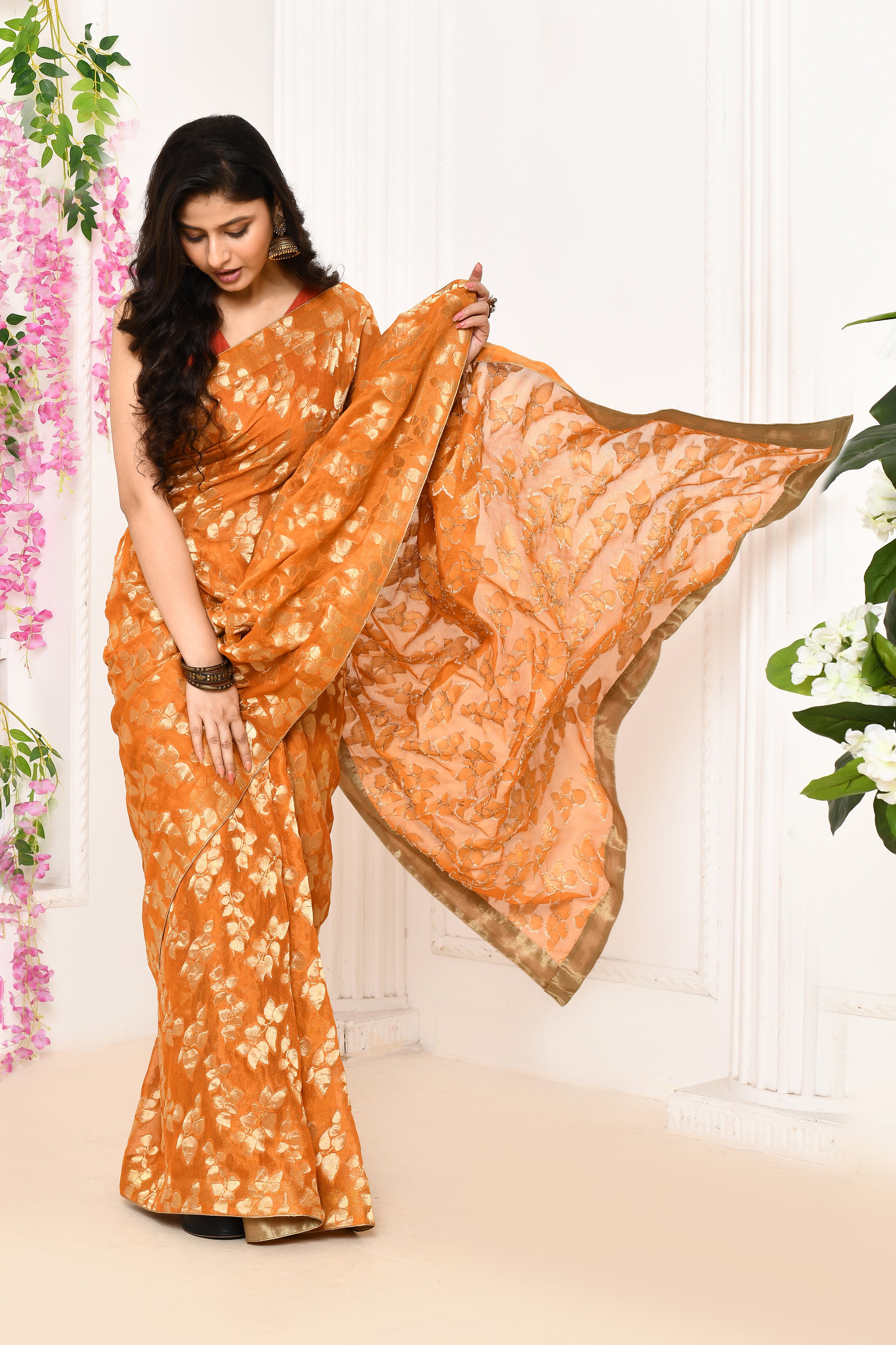 Jute Upada golden leaf pattern saree-Mustard yellow