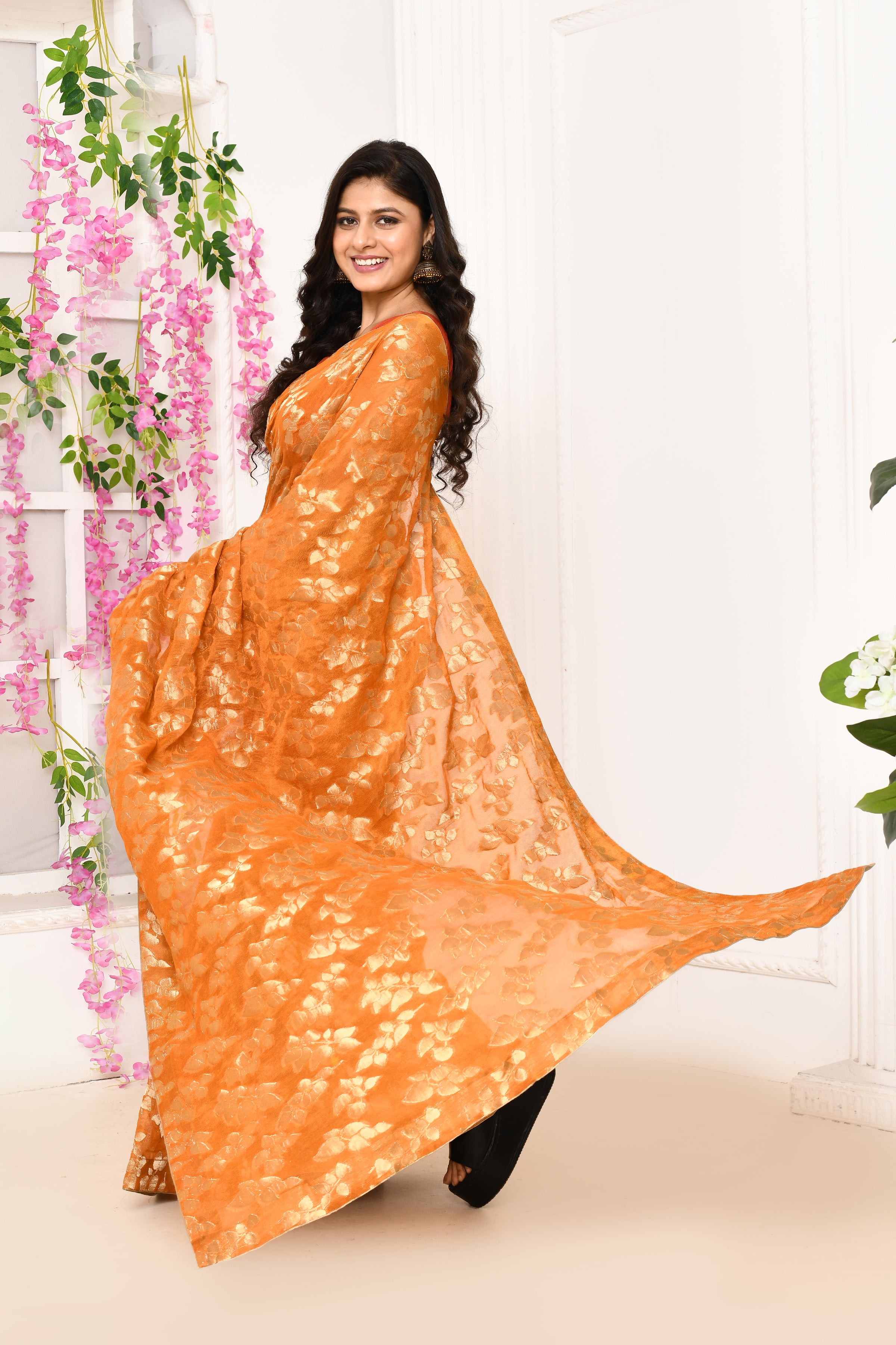 Jute Upada golden leaf pattern saree-Mustard yellow