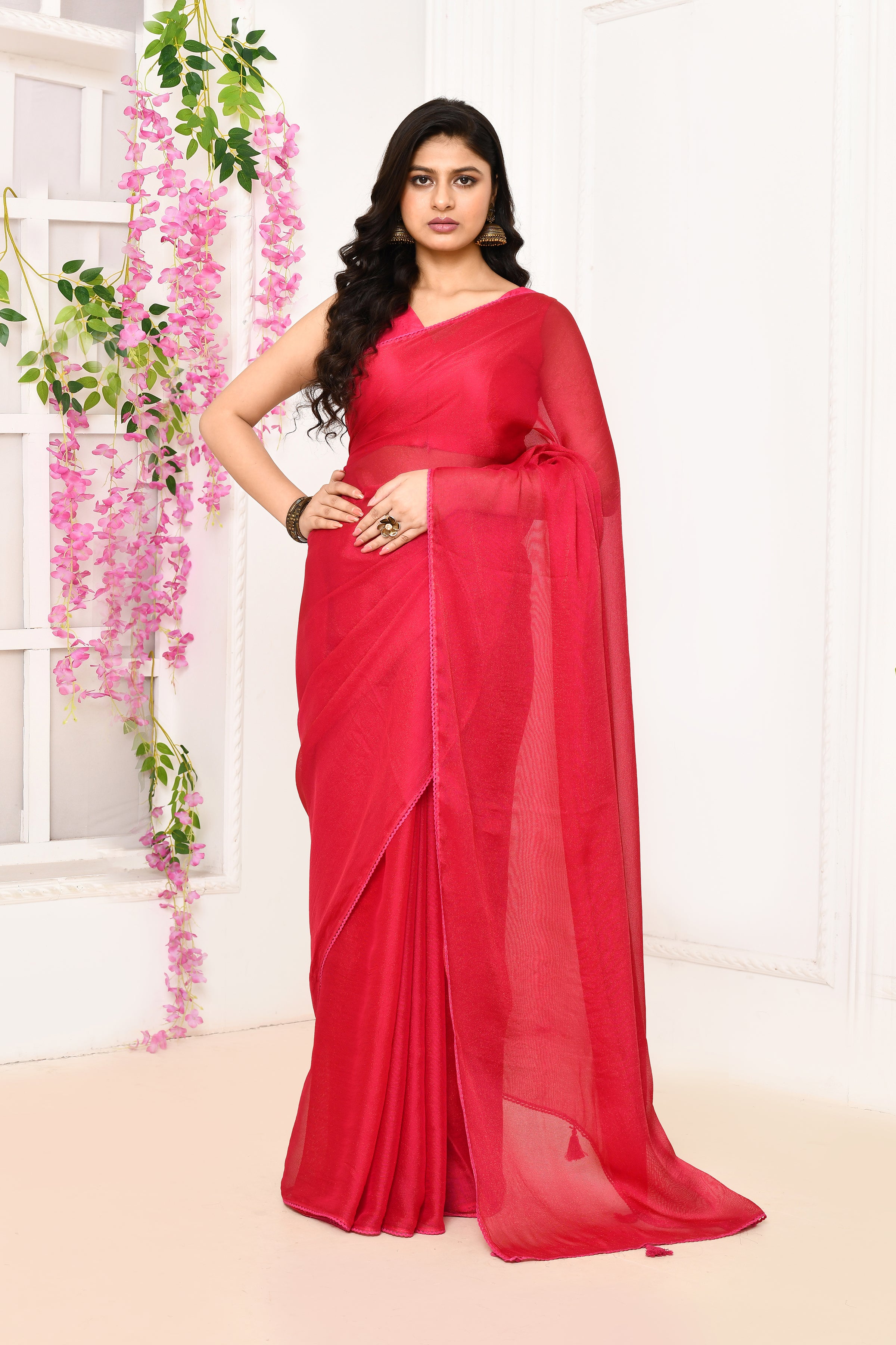 Plain chiffon tissue saree-Fuchsia pink