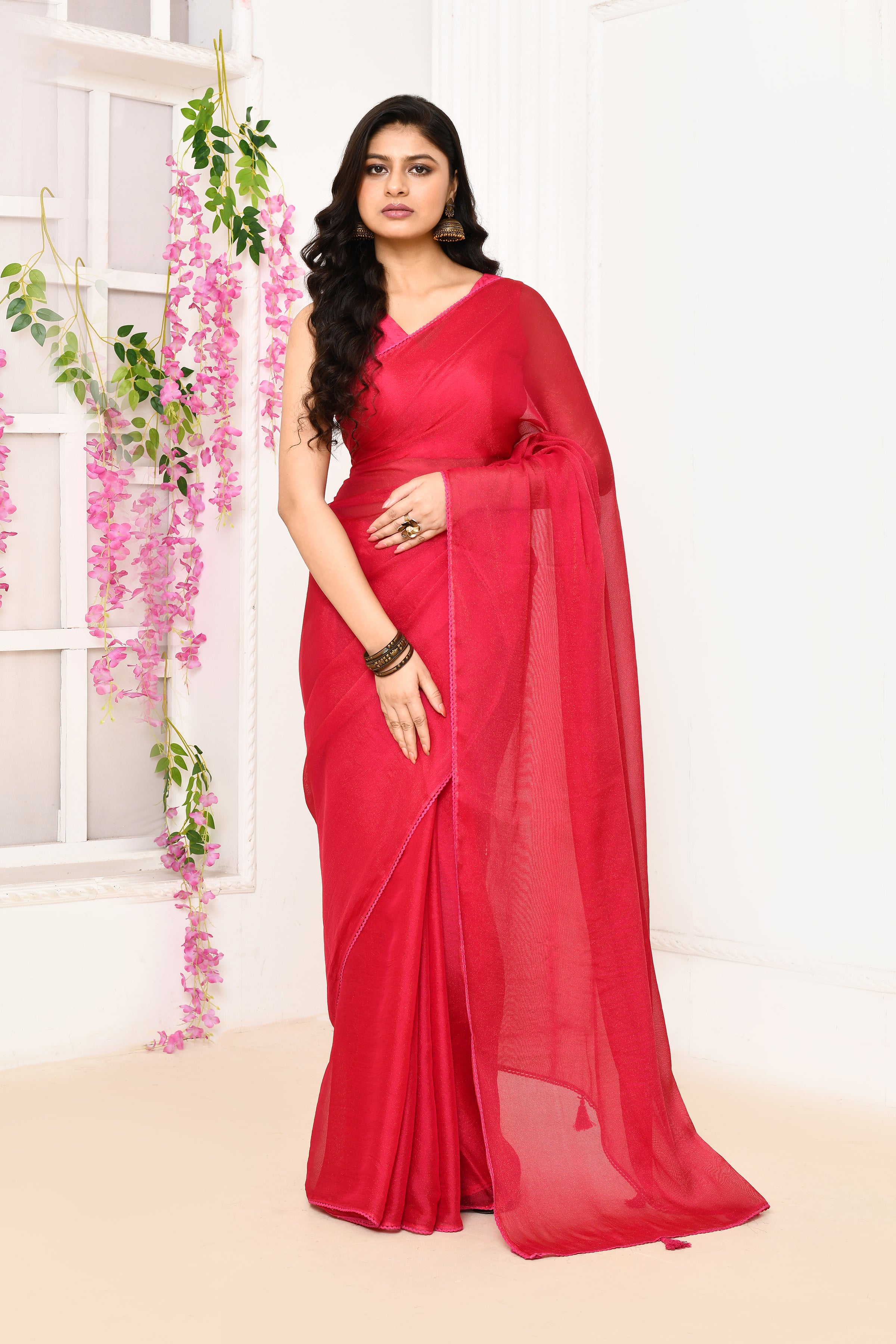 Plain chiffon tissue saree-Fuchsia pink