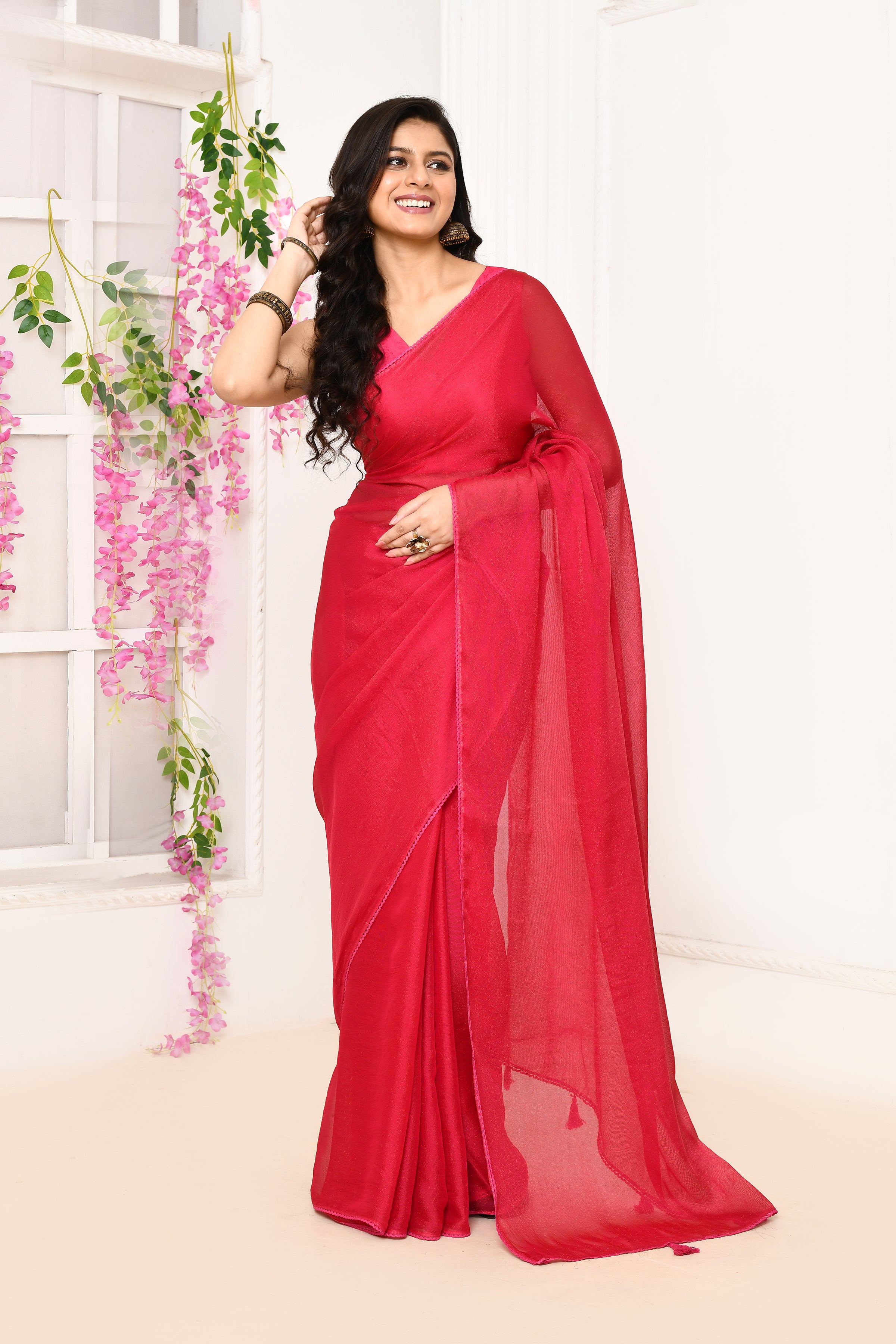 Plain chiffon tissue saree-Fuchsia pink