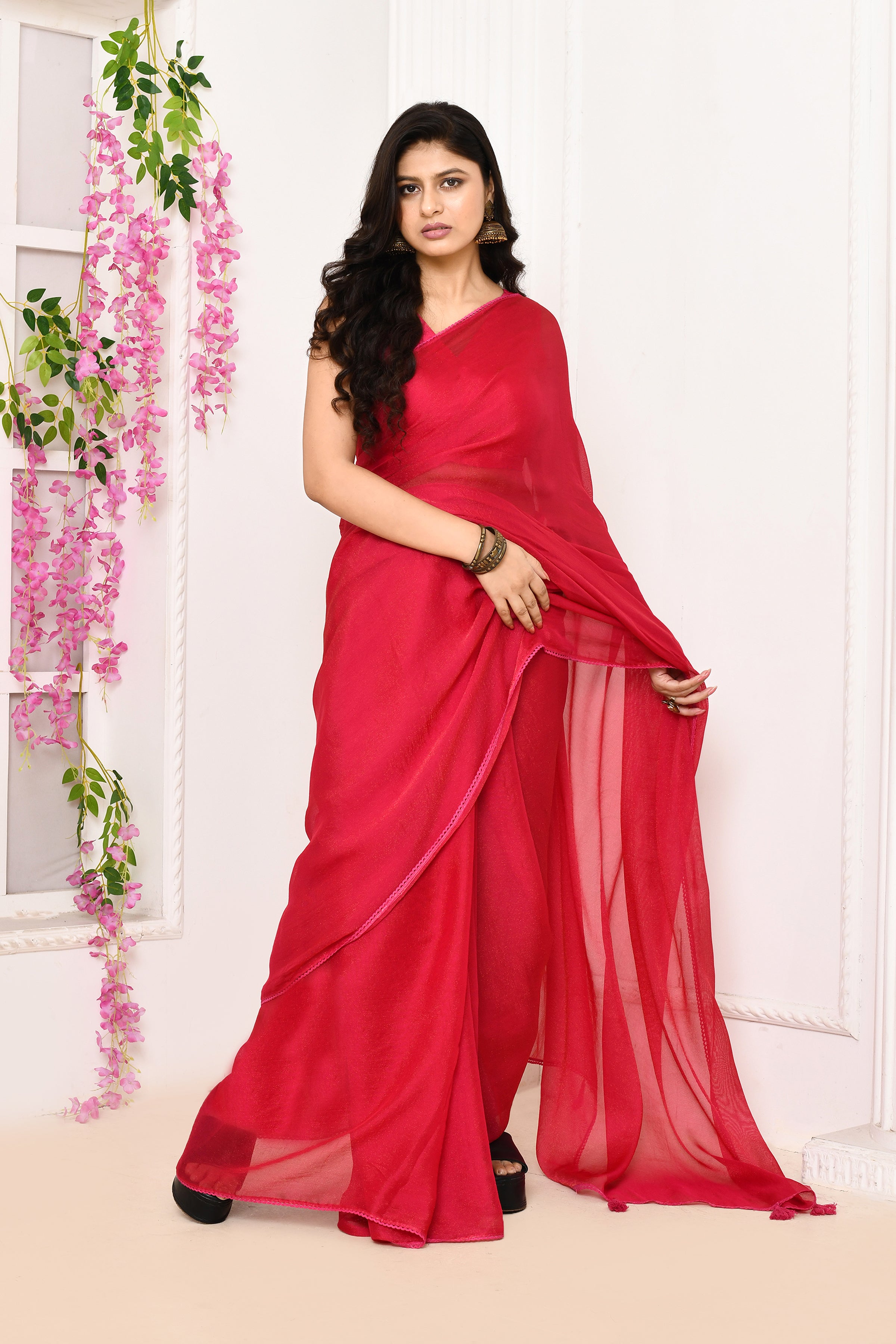 Plain chiffon tissue saree-Fuchsia pink