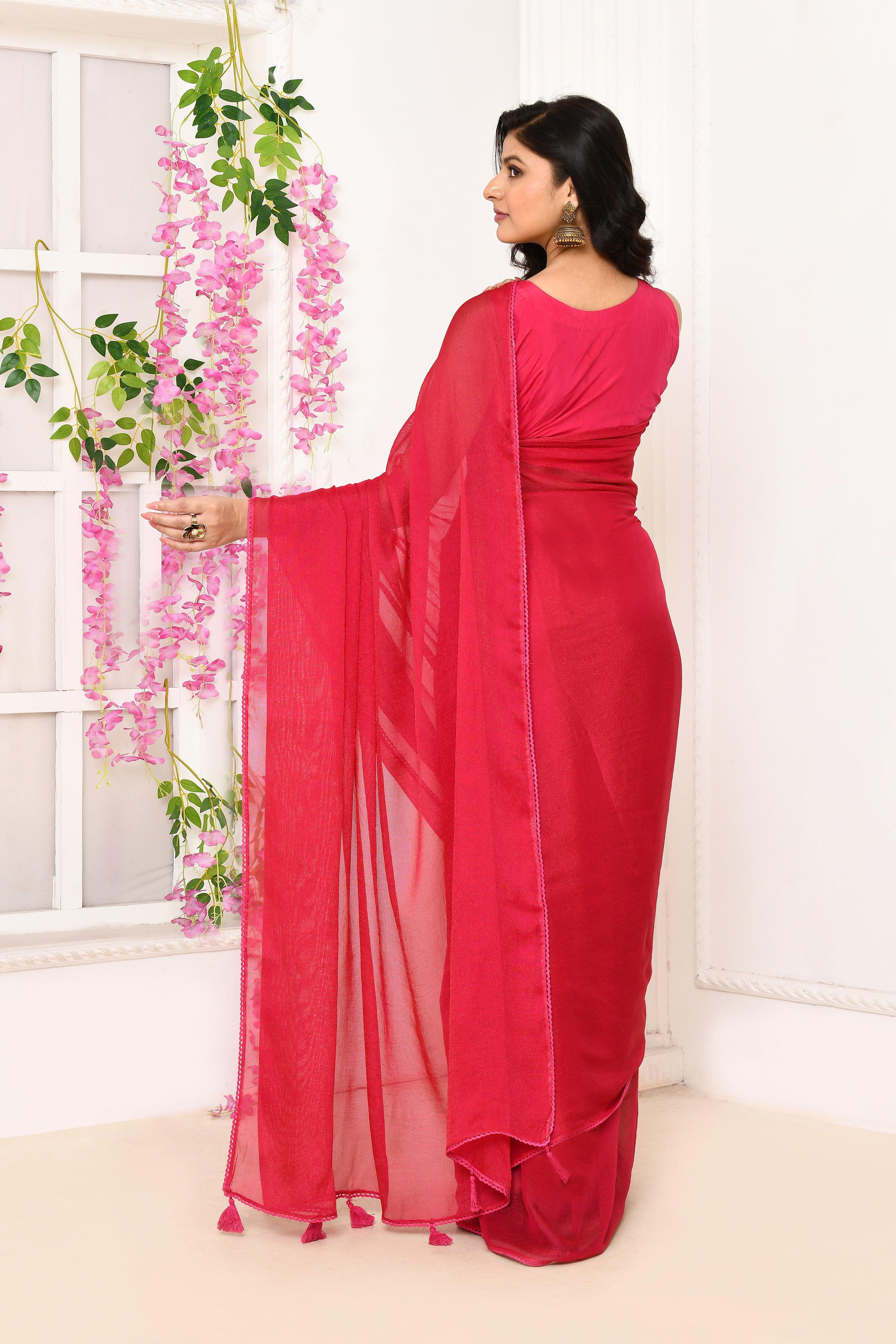 Plain chiffon tissue saree-Fuchsia pink