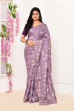 Jute Upada golden leaf pattern saree-Lavender