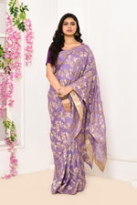 Jute Upada golden leaf pattern saree-Lavender