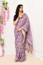 Jute Upada golden leaf pattern saree-Lavender
